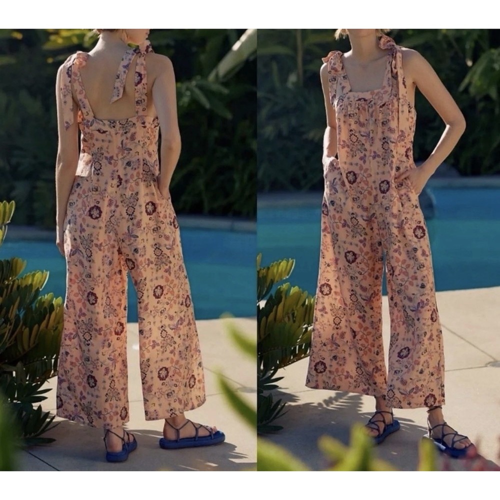 Anthropologie Sancia Floral Wide-leg Crop Jumpsuit Tie Strap Pink Peach L Boho